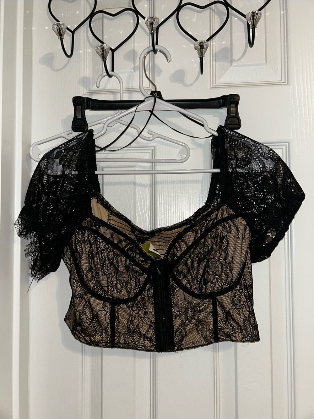 Black Lace Crop Bustier Top with Short Sleeves